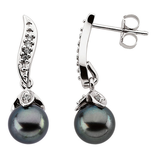 14kt White Gold 7mm Black Akoya Cultured Pearl Diamond Earrings