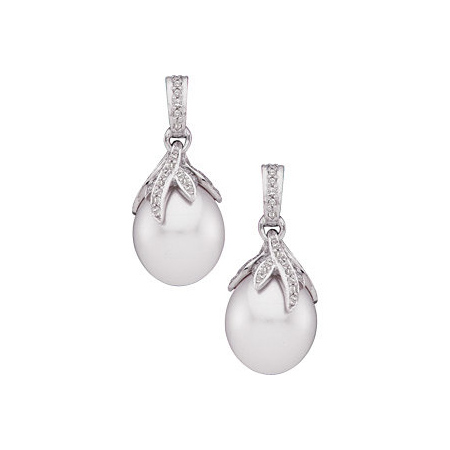 18k White Gold Oval South Sea Pearl Earrings with Diamonds