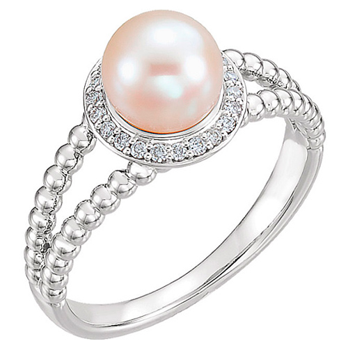 14k White Gold 7mm Freshwater Cultured Pearl Ring with Diamonds
