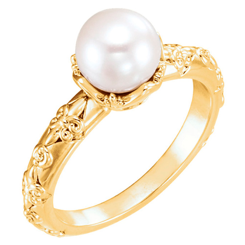 14k Yellow Gold Freshwater Cultured Pearl Diamond Vintage Style Ring