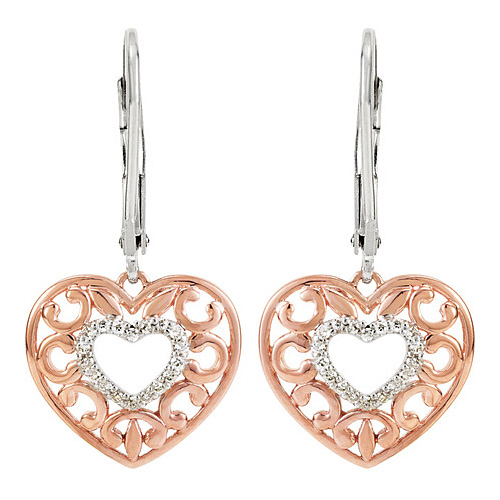 Rose Gold Plated 1/10 ct tw Diamond Heart Earrings