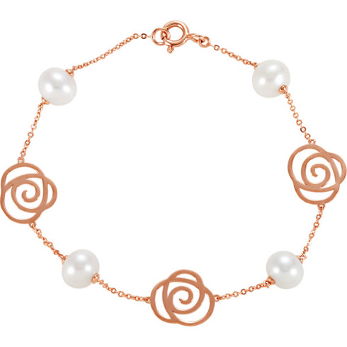 14kt Rose Gold Freshwater Cultured Pearl Floral Bracelet