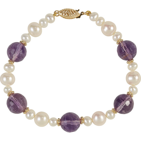 14k Yellow Gold Freshwater Cultured Pearl Amethyst Bracelet 7 1/2in