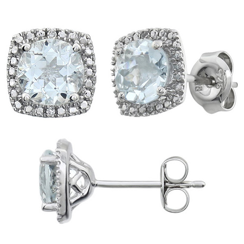 Sterling Silver Halo 1.5 ct Aquamarine and Diamond Earrings