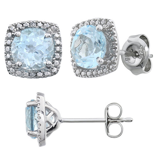 Sterling Silver Halo Blue Topaz and Diamond Earrings