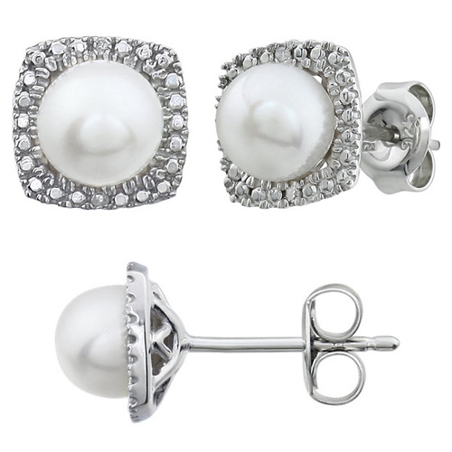 Sterling Silver Halo Freshwater Pearl and Diamond Earrings