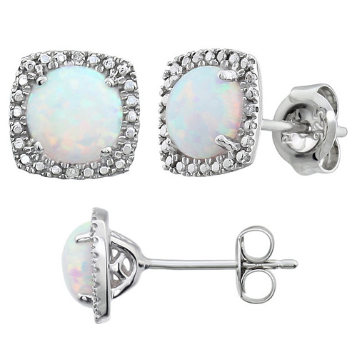 Sterling Silver Halo Created Opal and Diamond Earrings