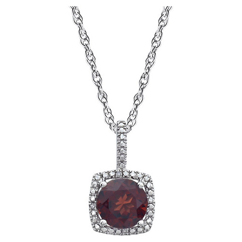 Sterling Silver Halo 1 2/3 ct Garnet and Diamond 18in Necklace