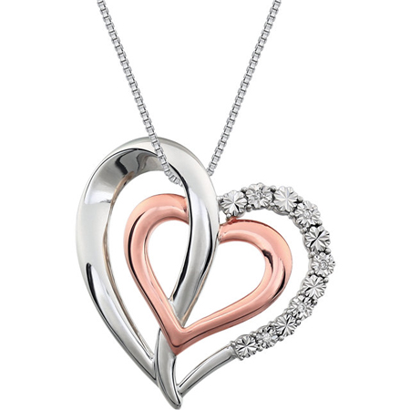 Rose Gold Plated Sterling Silver Diamond Hearts 18in Necklace
