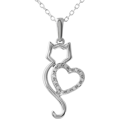 10kt White Gold .05 ct Diamond Cat Silhouette with Heart 18in Necklace