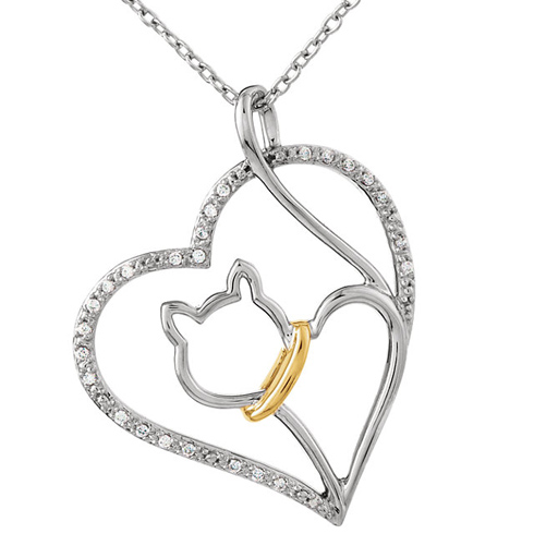 Sterling Silver & 10kt Yellow Gold 1/10 ct Diamond Cat Heart Necklace