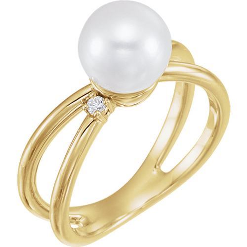 14k Yellow Gold 8mm Freshwater Cultured Pearl and Diamond Crossover Ring