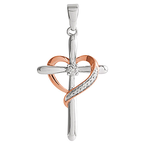 Sterling Silver Rose Vermeil Diamond Cross and Heart Pendant
