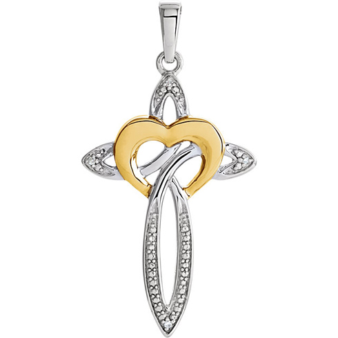Sterling Silver Diamond Cross with 10kt Yellow Gold Heart
