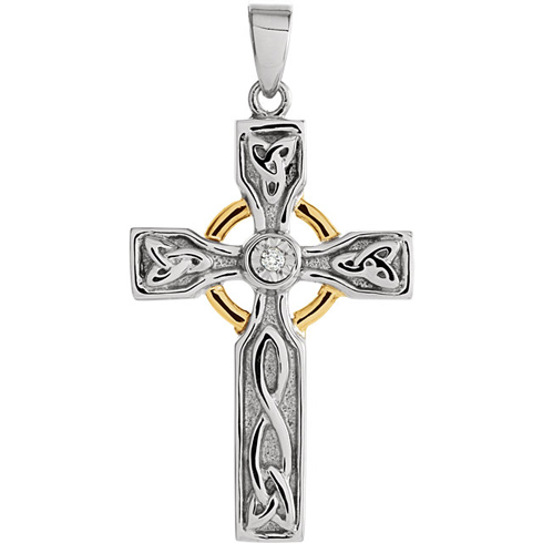 Sterling Silver and 10kt Yellow Gold 1in Diamond Celtic Cross