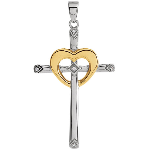 Sterling Silver 1 1/2in Diamond Cross with 10kt Yellow Gold Heart