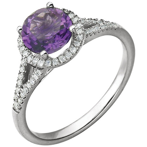 14kt White Gold 1.2 ct Amethyst Halo Ring with 1/5 ct Diamonds