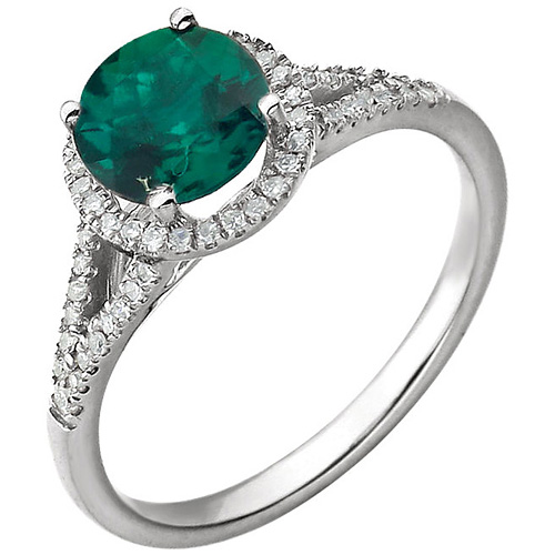 14k White Gold 1.25 ct Chatham Created Emerald Halo Ring with Diamonds