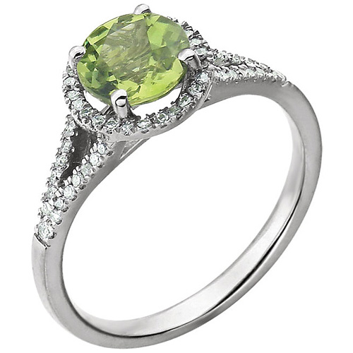 14kt White Gold 1.45 ct Peridot Halo Ring with 1/5 ct Diamonds