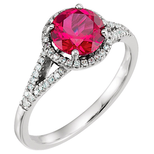 14k White Gold 1.85 ct Chatham Created Ruby Halo Ring with Diamonds