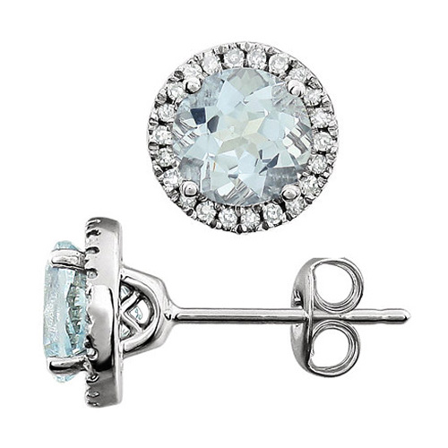 14kt White Gold 1 1/2 ct Aquamarine and Diamond Halo Earrings