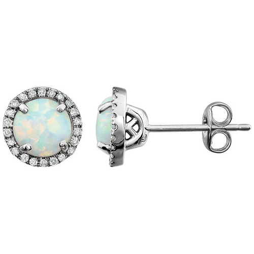 14kt White Gold 1 1/4 ct Created Opal and Diamond Halo Earrings