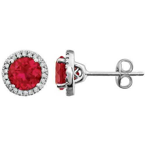 14kt White Gold 2.4 ct Created Ruby and Diamond Halo Earrings