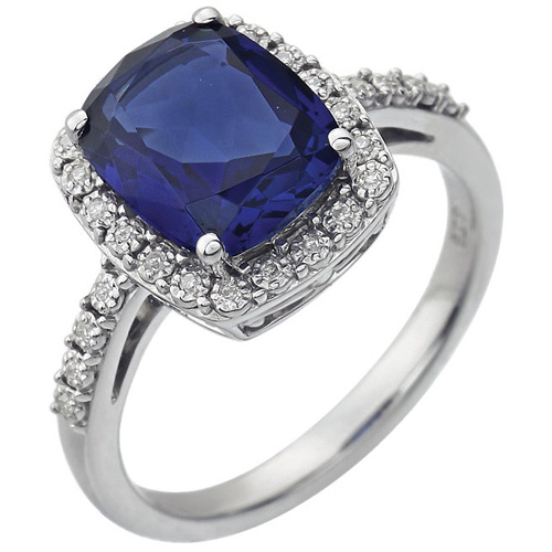 14k White Gold 4.5 ct Cushion Created Blue Sapphire Ring with Diamonds