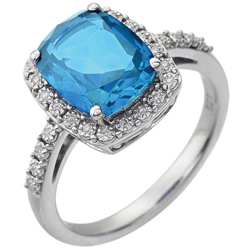 14kt White Gold 3.5 ct Cushion Swiss Blue Topaz Ring with Diamonds