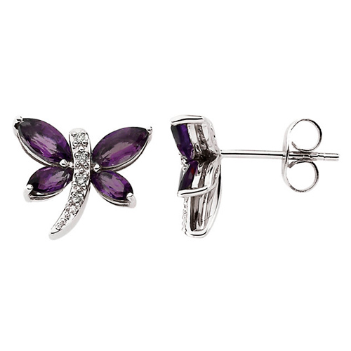 14k White Gold 1.6 ct tw Amethyst Dragonfly Earrings with Diamonds 