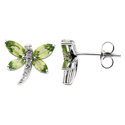 14k White Gold 2.4 ct tw Peridot Dragonfly Earrings with Diamonds 
