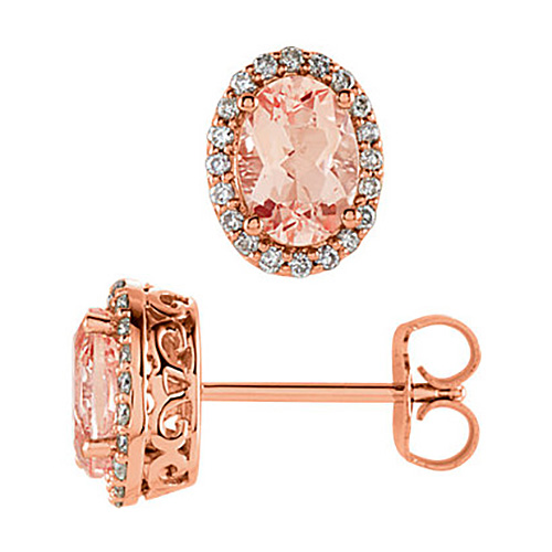 14k Rose Gold 1.6 ct Oval Morganite and Diamond Halo Earrings