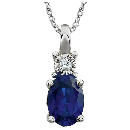 14k White Gold 1.1 ct Created Blue Sapphire Necklace with Diamond