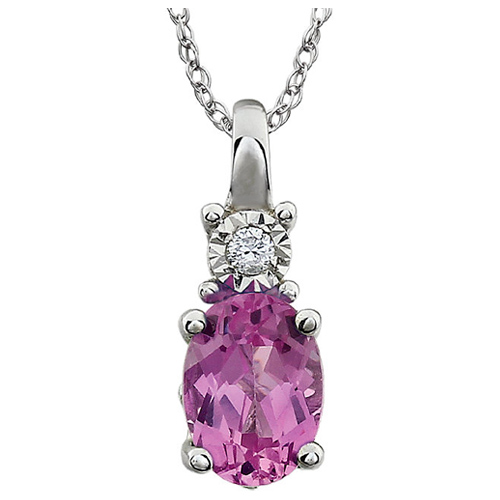14k White Gold 1.1 ct Oval Created Pink Sapphire Necklace with Diamond