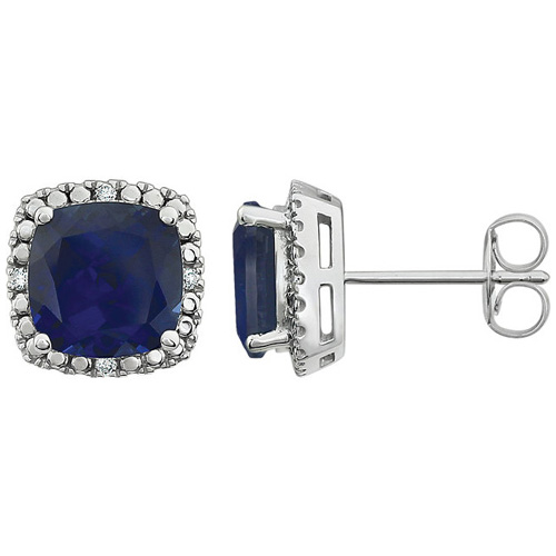14kt White Gold 3 ct Created Blue Sapphire Diamond Halo Earrings