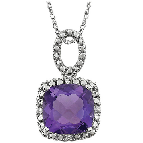 14k White Gold 2.8 ct Cushion Amethyst Necklace with Diamonds