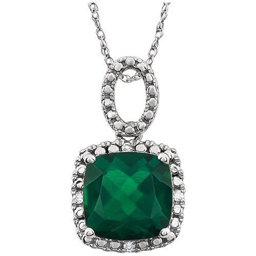 14k White Gold 2.8 ct Cushion Created Emerald Necklace with Diamonds