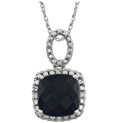 14kt White Gold 9mm Cushion Cut Onyx Necklace with Diamonds
