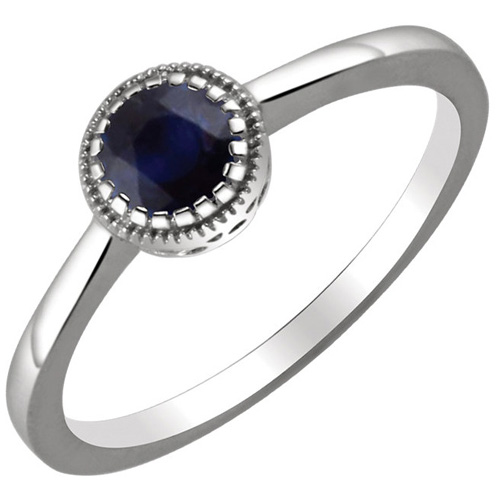 14kt White Gold 2/3 ct Blue Sapphire Ring with Beaded Edge