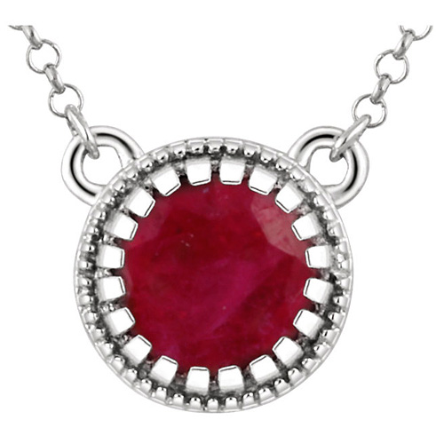 14k White Gold 2/3 ct Ruby Solitaire Necklace with Beaded Edges
