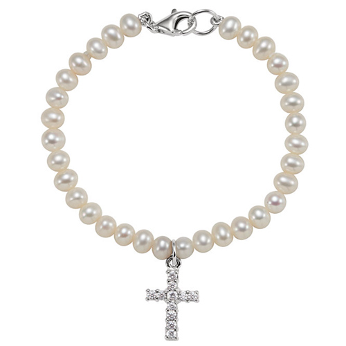 Sterling Silver Kid's Freshwater Pearl Cubic Zirconia Cross Bracelet