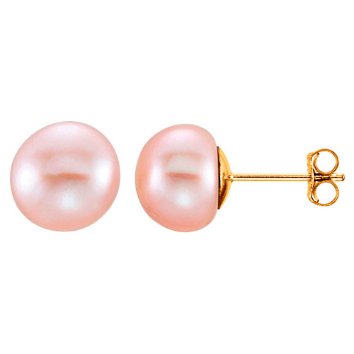 14k Yellow Gold 9mm Pink Freshwater Cultured Pearl Earrings 