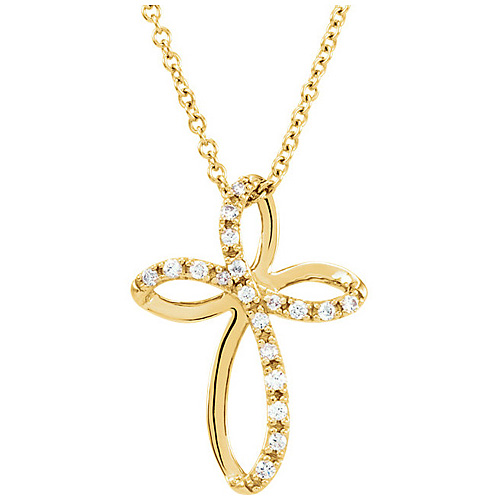 14k Yellow Gold 1/10 ct Diamond Open Cross 18in Necklace
