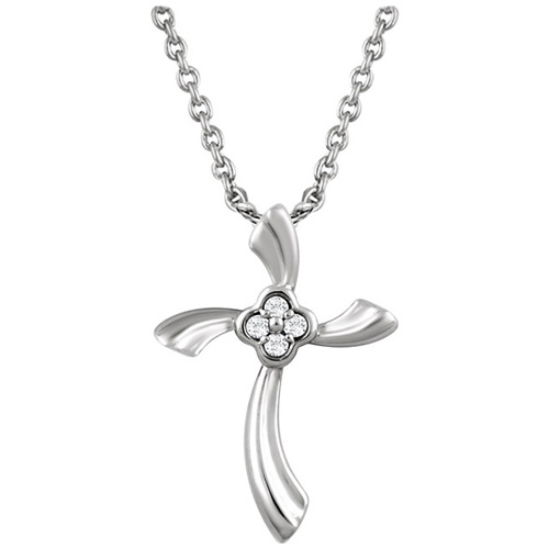 Sterling Silver .03 ct tw Diamond Bent Cross 18in Necklace