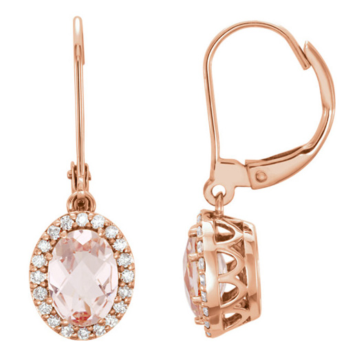 14kt Rose Gold 1.6 ct Morganite & 1/5 ct tw Halo Dangle Earrings