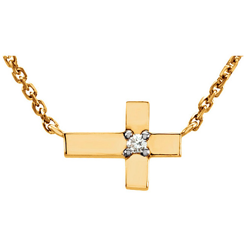 14kt Yellow Gold .01 ct Diamond Sideways Cross 18in Necklace