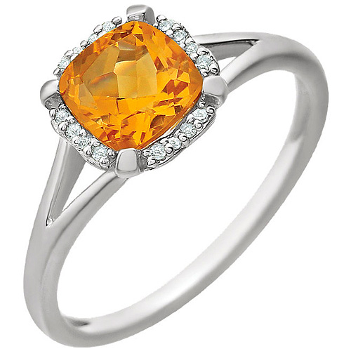 14kt White Gold 9/10 ct Citrine Halo Ring with 1/20 ct Diamonds