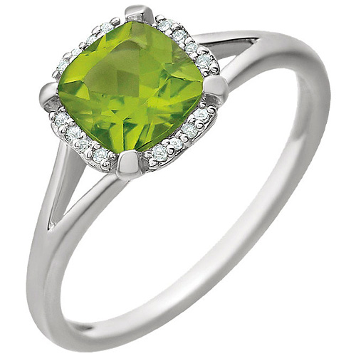 14kt White Gold 1.0 ct Peridot Halo Ring with 1/20 ct Diamonds