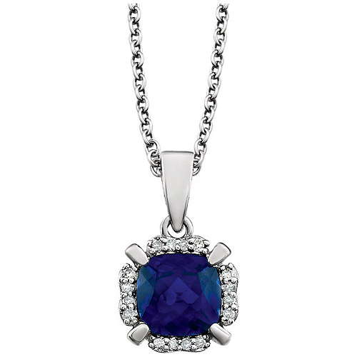 14kt White Gold 1.3 ct Cushion Cut Blue Sapphire & Diamond Necklace