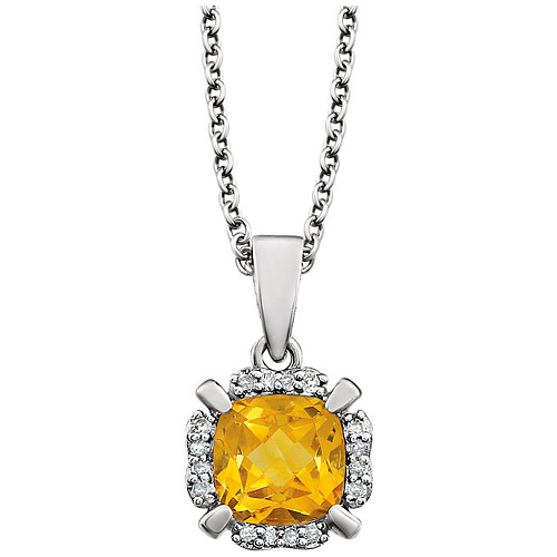 14kt White Gold 9/10 ct Cushion Cut Citrine & Diamond Halo Necklace